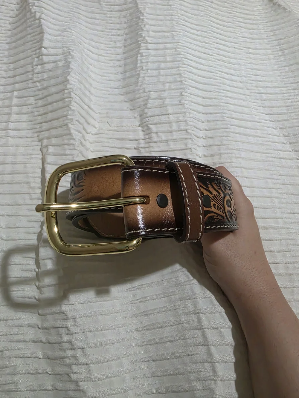 Brown Tooled Leather Women's Belt with Gold Buckle
